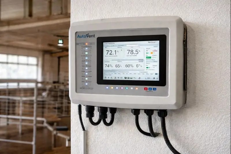 AutoVent environmental controller installed in an agricultural facility monitoring temperature and humidity