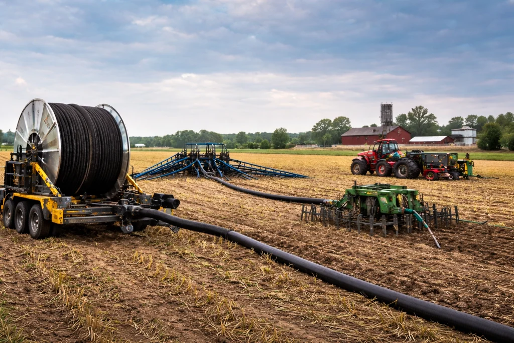 Hoover Ag manure equipment including dragline hose reel and injector operating in an agricultural field