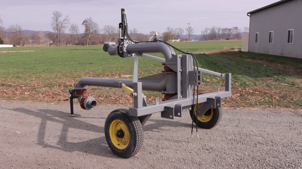 Hoover Ag surface applicator – angled view showing frame, piping, and wheel assembly